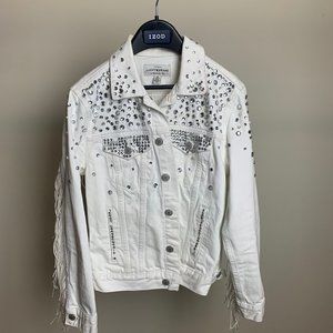 long sleeved,white distressed jacket with gems